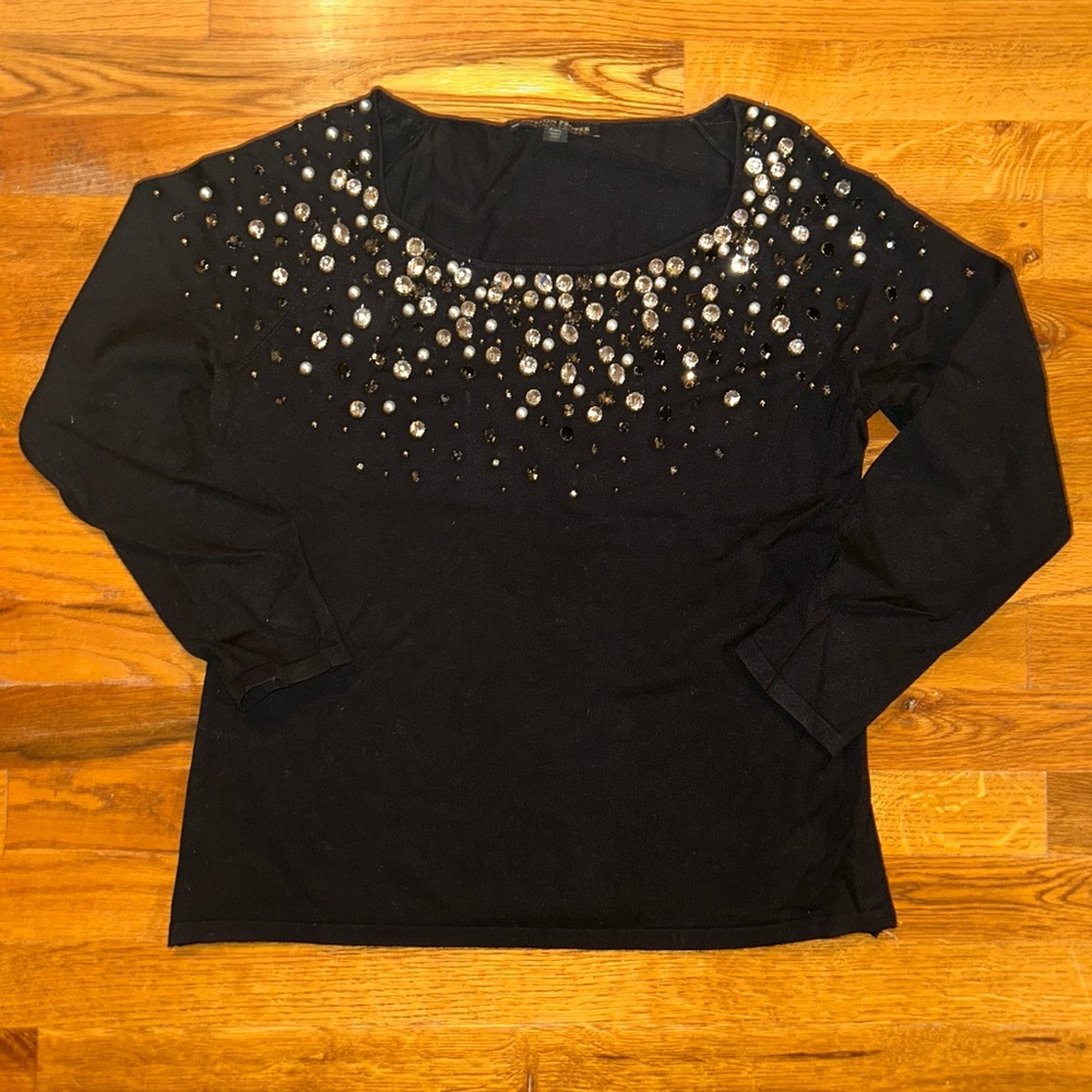Boston Proper Black Sweater with Rhinestones, Pearls, and Sequins Embellishments